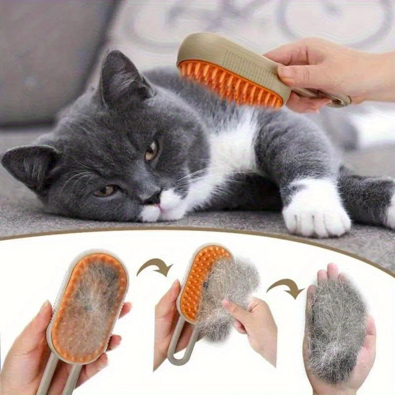 3-in-1 Steam Spray Cat Grooming Brush — Self-Cleaning Massage Comb with Hair Removal
