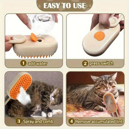 3-in-1 Steam Spray Cat Grooming Brush — Self-Cleaning Massage Comb with Hair Removal