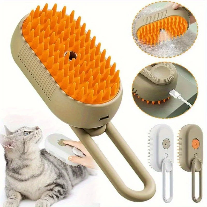 3-in-1 Steam Spray Cat Grooming Brush — Self-Cleaning Massage Comb with Hair Removal