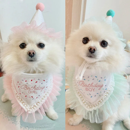 Cute Lace Pet Birthday Scarf & Floral Bib for Dogs & Cats – Party Accessory Set