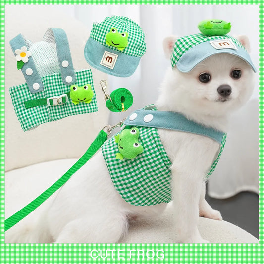 Cute Cartoon 3-Piece Pet Harness, Leash & Sun Hat Set – Outdoor Costume for Cats & Small Dogs