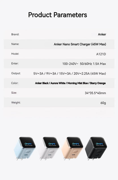 Anker Nano 45W Smart Display USB-C Fast Charger | Foldable