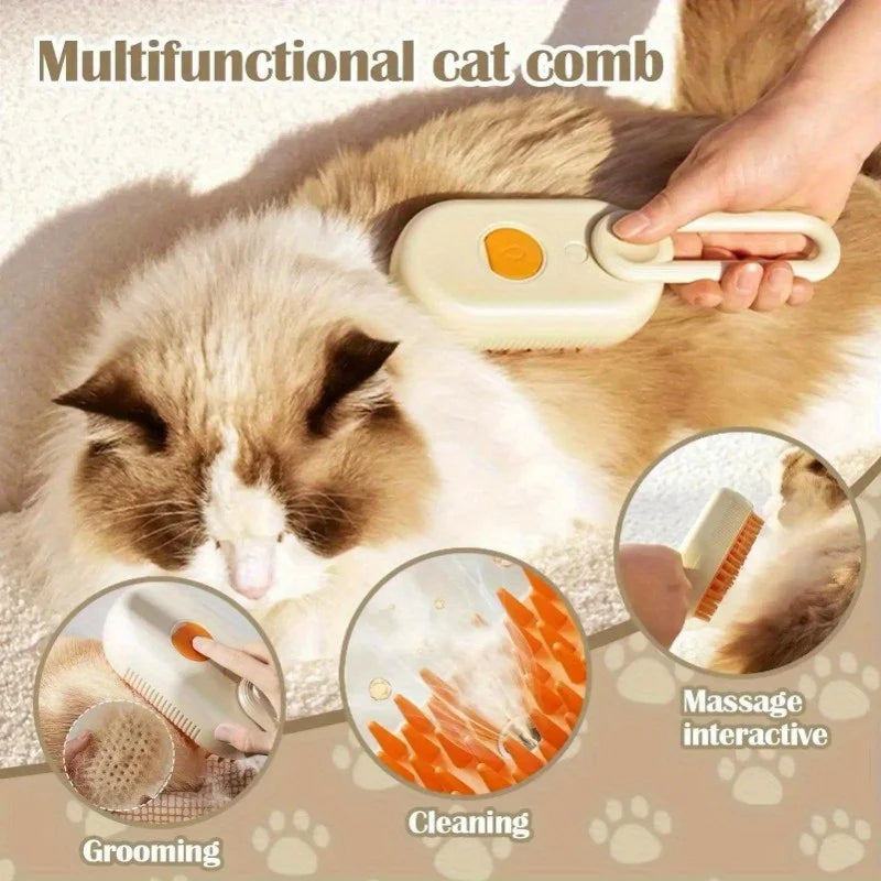 3-in-1 Steam Spray Cat Grooming Brush — Self-Cleaning Massage Comb with Hair Removal