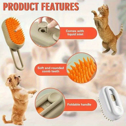 3-in-1 Steam Spray Cat Grooming Brush — Self-Cleaning Massage Comb with Hair Removal