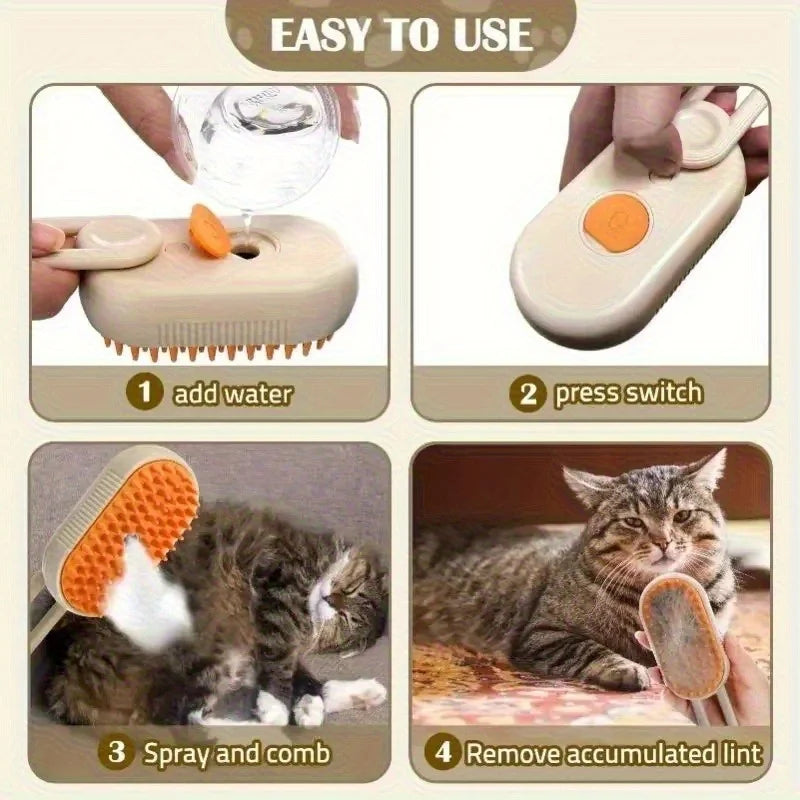 3-in-1 Steam Spray Cat Grooming Brush — Self-Cleaning Massage Comb with Hair Removal