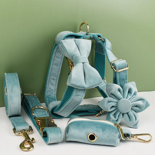 Luxury Green Velvet Dog Collar & Leash Set with Custom Engraved Nameplate – All Sizes