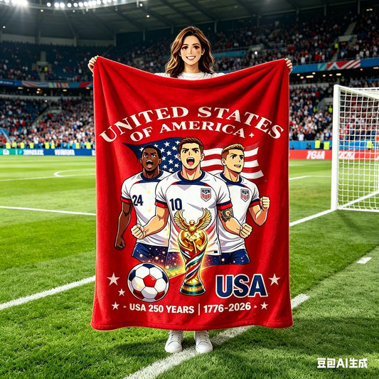1pc Independence Day USA 250 Years Soccer Team Flannel Blanket, 2D All Season Holiday Keepsake, Soft Blanket for Bedroom, Campin